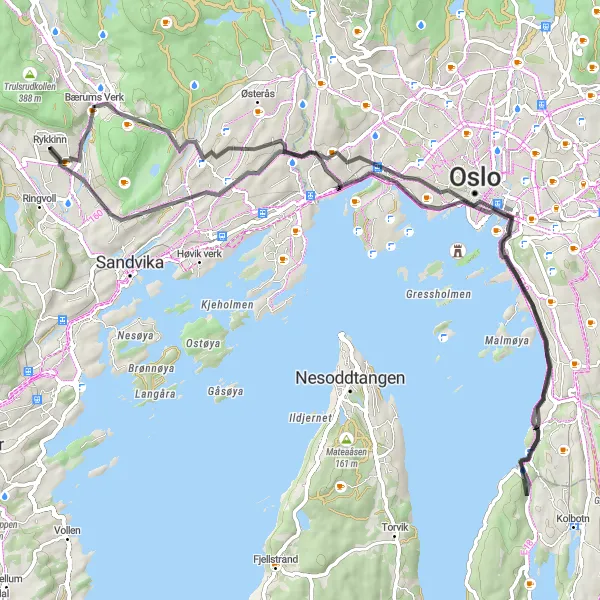 Map miniature of "Cycling Oslo's Treasures" cycling inspiration in Oslo og Viken, Norway. Generated by Tarmacs.app cycling route planner