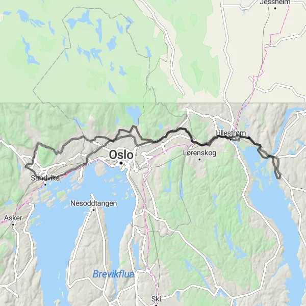 Kartminiatyr av "Røa - Fetsund - Vøyenenga rundtur på landevei" sykkelinspirasjon i Oslo og Viken, Norway. Generert av Tarmacs.app sykkelrutoplanlegger