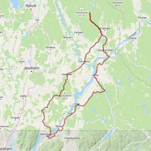 Map miniature of "Gravel Adventure to Sørumsand" cycling inspiration in Oslo og Viken, Norway. Generated by Tarmacs.app cycling route planner