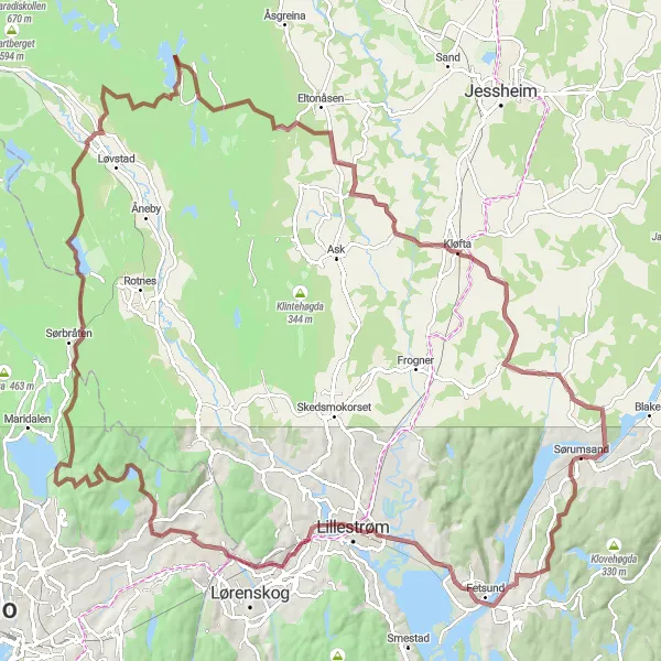 Map miniature of "Sørumsand to Åskastet Gravel Adventure" cycling inspiration in Oslo og Viken, Norway. Generated by Tarmacs.app cycling route planner