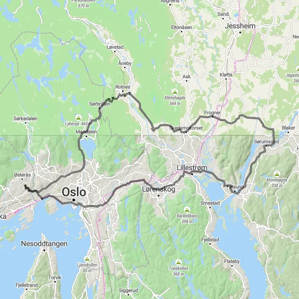 Map miniature of "Sørumsand and the Munch Spot" cycling inspiration in Oslo og Viken, Norway. Generated by Tarmacs.app cycling route planner