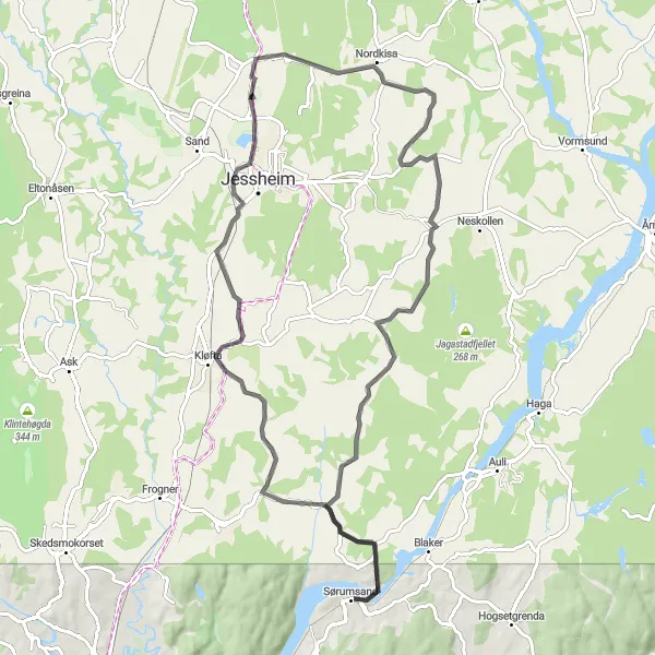 Map miniature of "Scenic Road Adventure from Sørumsand to Nordkisa" cycling inspiration in Oslo og Viken, Norway. Generated by Tarmacs.app cycling route planner