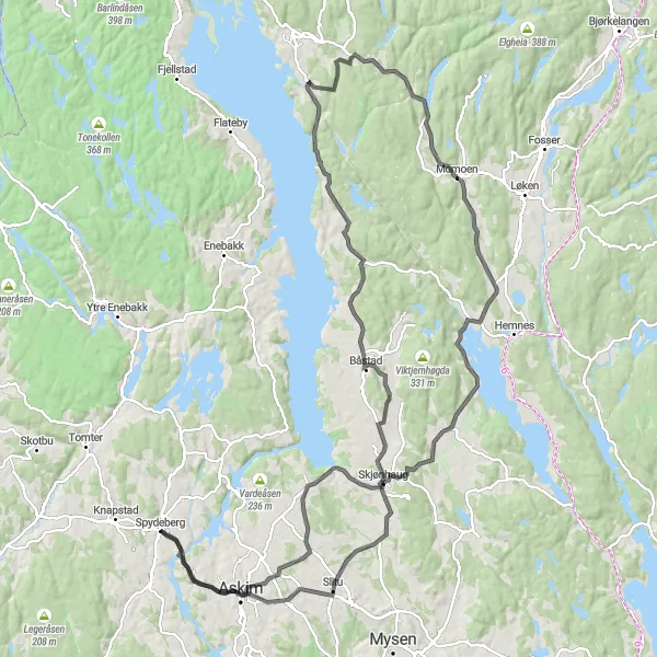 Kartminiatyr av "Spydeberg til Fossum Brogalleri retur" sykkelinspirasjon i Oslo og Viken, Norway. Generert av Tarmacs.app sykkelrutoplanlegger