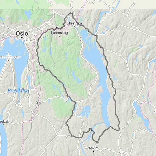 Map miniature of "Ytre Enebakk Loop" cycling inspiration in Oslo og Viken, Norway. Generated by Tarmacs.app cycling route planner