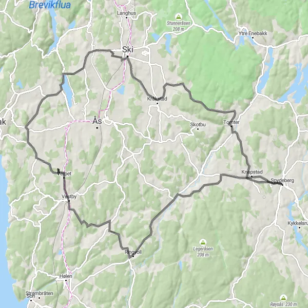 Map miniature of "Vestby Loop" cycling inspiration in Oslo og Viken, Norway. Generated by Tarmacs.app cycling route planner