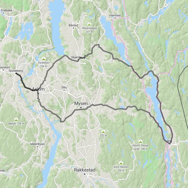 Map miniature of "Skjønhaug and Ørje Scenic Ride" cycling inspiration in Oslo og Viken, Norway. Generated by Tarmacs.app cycling route planner