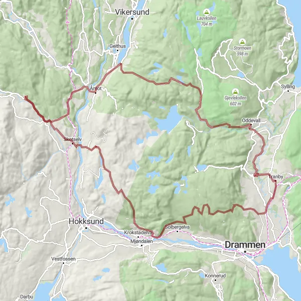 Kartminiatyr av "Krevende grussykling fra Tranby til Neverkollen" sykkelinspirasjon i Oslo og Viken, Norway. Generert av Tarmacs.app sykkelrutoplanlegger