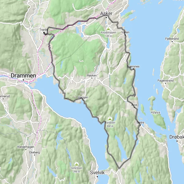 Map miniature of "Tranby - Bleikerhaugen Circular Road Route" cycling inspiration in Oslo og Viken, Norway. Generated by Tarmacs.app cycling route planner