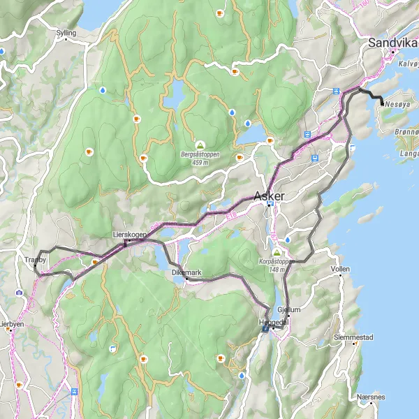 Map miniature of "Tranby - Vardåsen Circular Road Route" cycling inspiration in Oslo og Viken, Norway. Generated by Tarmacs.app cycling route planner