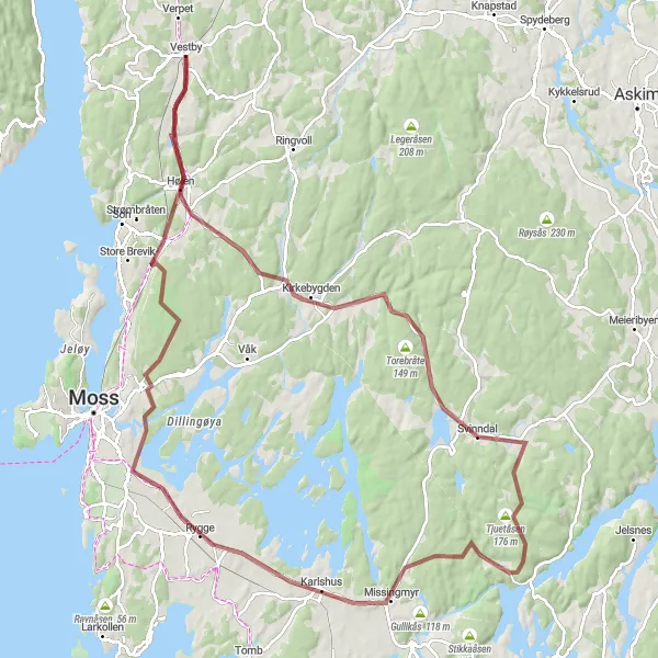 Map miniature of "Vestby - Svinndal Gravel Adventure" cycling inspiration in Oslo og Viken, Norway. Generated by Tarmacs.app cycling route planner