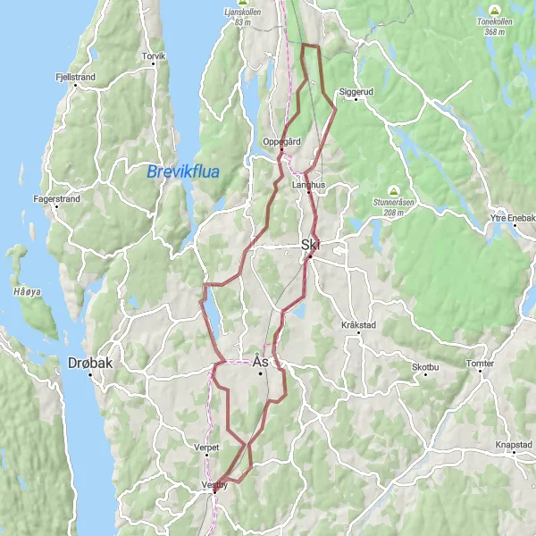 Map miniature of "Vestby - Nordby Gravel Loop" cycling inspiration in Oslo og Viken, Norway. Generated by Tarmacs.app cycling route planner