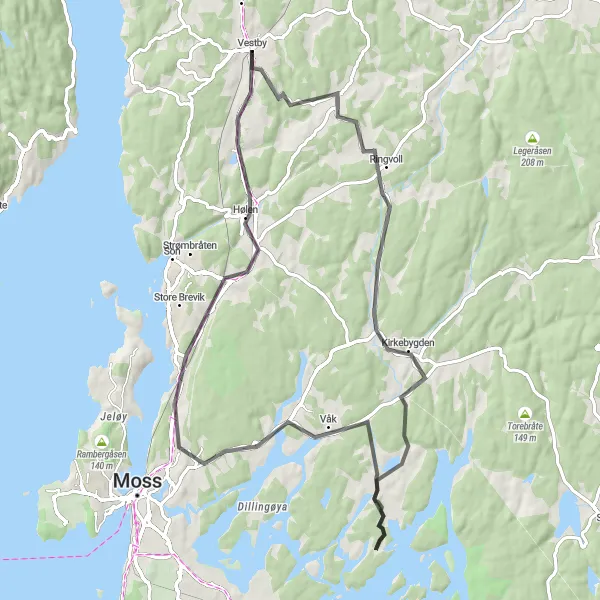 Map miniature of "Vestby - Rød Road Loop" cycling inspiration in Oslo og Viken, Norway. Generated by Tarmacs.app cycling route planner