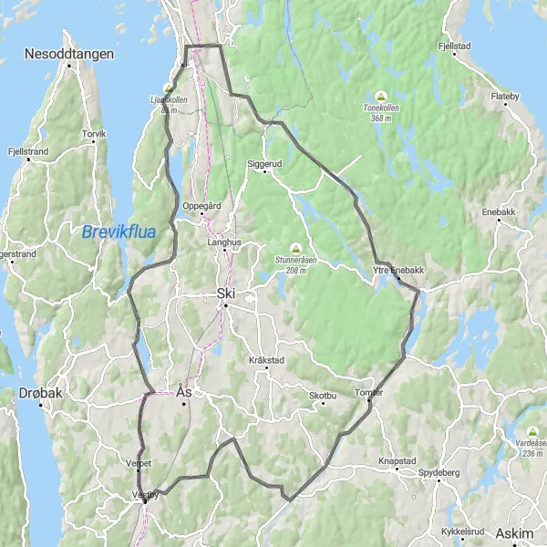 Kartminiatyr av "Vakker vei gjennom småbyene" sykkelinspirasjon i Oslo og Viken, Norway. Generert av Tarmacs.app sykkelrutoplanlegger