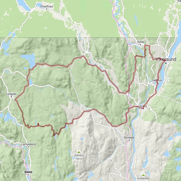 Kartminiatyr av "Vikersund til Vestre Spone Gravel Eventyr" sykkelinspirasjon i Oslo og Viken, Norway. Generert av Tarmacs.app sykkelrutoplanlegger