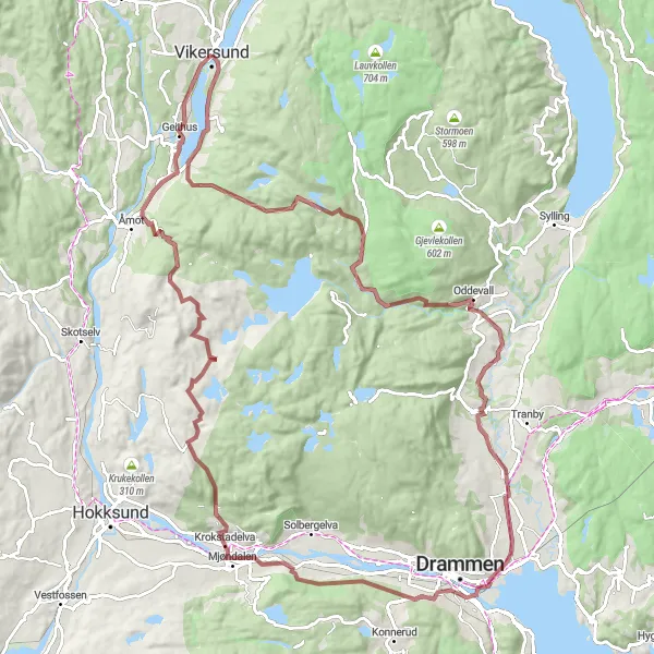 Map miniature of "Challenging gravel route to Geithus" cycling inspiration in Oslo og Viken, Norway. Generated by Tarmacs.app cycling route planner