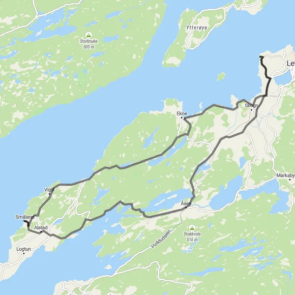Kartminiatyr av "Ekne og Alstadhaug Opplevelse" sykkelinspirasjon i Trøndelag, Norway. Generert av Tarmacs.app sykkelrutoplanlegger