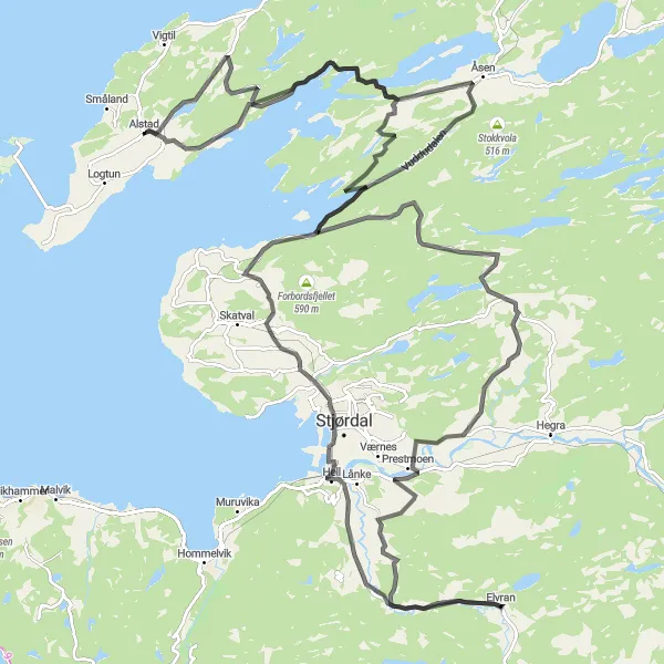 Map miniature of "Scenic Loop to Hell" cycling inspiration in Trøndelag, Norway. Generated by Tarmacs.app cycling route planner