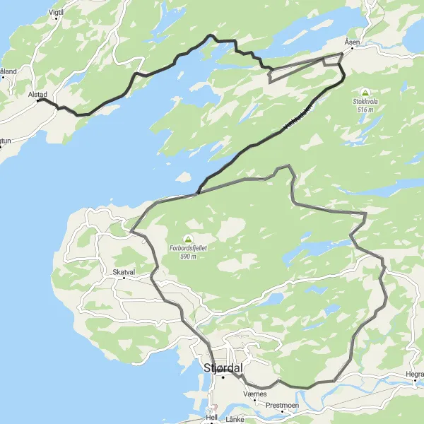 Kartminiatyr av "Sykkeltur til Stjørdal og Hyndøya" sykkelinspirasjon i Trøndelag, Norway. Generert av Tarmacs.app sykkelrutoplanlegger