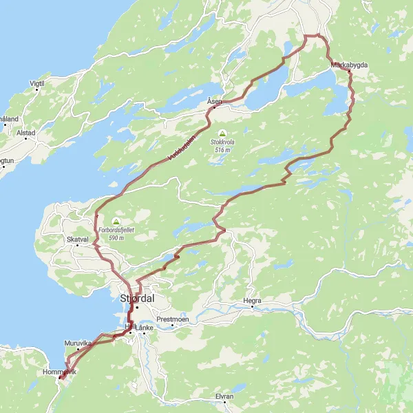 Kartminiatyr av "Vakker Grustur rundt Hommelvik" sykkelinspirasjon i Trøndelag, Norway. Generert av Tarmacs.app sykkelrutoplanlegger