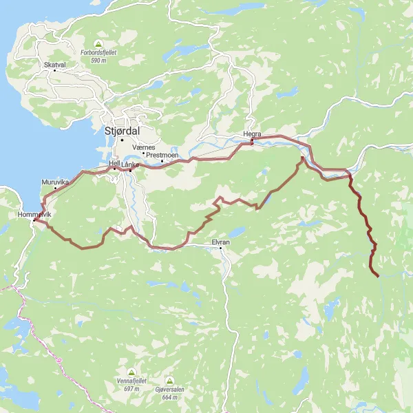 Map miniature of "Hommelvik Gravel Adventure" cycling inspiration in Trøndelag, Norway. Generated by Tarmacs.app cycling route planner