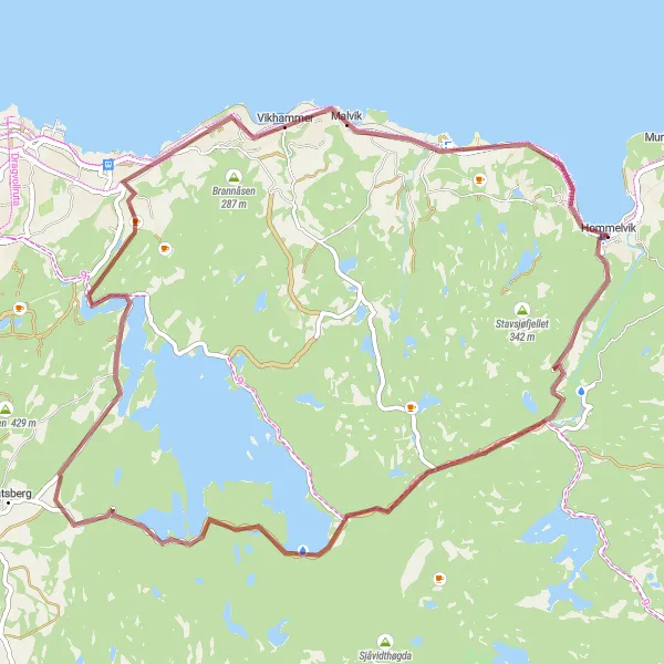 Map miniature of "Vikhammer Gravel Adventure" cycling inspiration in Trøndelag, Norway. Generated by Tarmacs.app cycling route planner