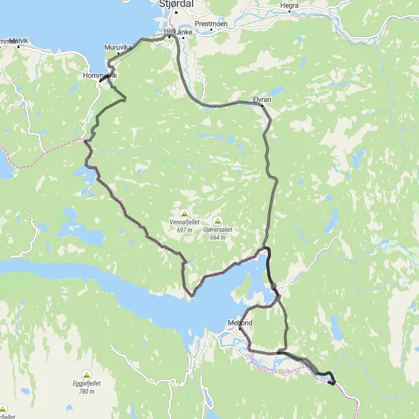 Kartminiatyr av "Hommelvik til Foldsjøen Road Cycling Route" sykkelinspirasjon i Trøndelag, Norway. Generert av Tarmacs.app sykkelrutoplanlegger
