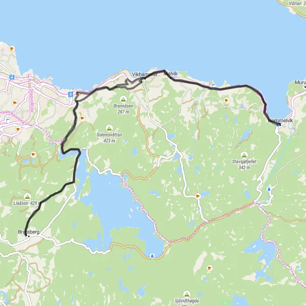 Map miniature of "Vikåsen Road Adventure" cycling inspiration in Trøndelag, Norway. Generated by Tarmacs.app cycling route planner