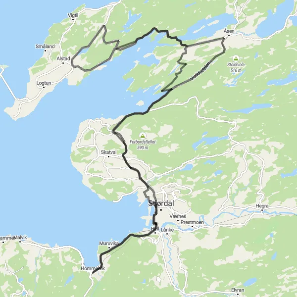Map miniature of "Stjørdal Loop" cycling inspiration in Trøndelag, Norway. Generated by Tarmacs.app cycling route planner