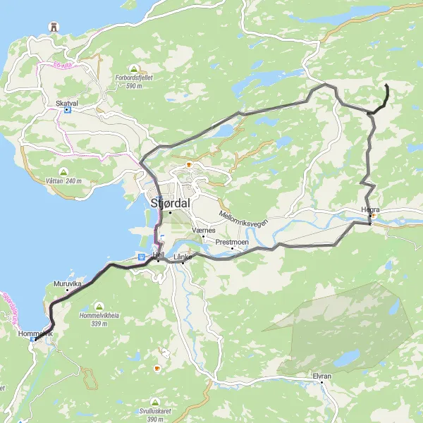 Kartminiatyr av "Hommelvik til Hell landeveirute" sykkelinspirasjon i Trøndelag, Norway. Generert av Tarmacs.app sykkelrutoplanlegger