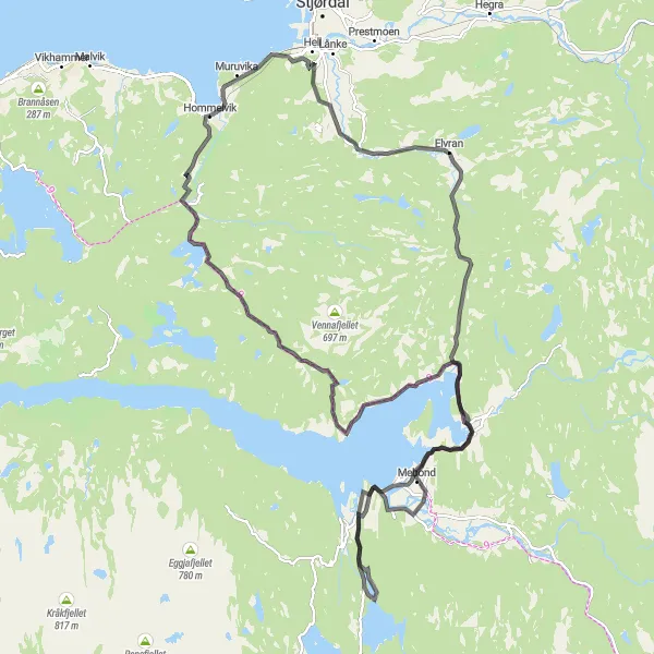 Kartminiatyr av "Intensiv Road Cycling rundtur fra Hommelvik" sykkelinspirasjon i Trøndelag, Norway. Generert av Tarmacs.app sykkelrutoplanlegger