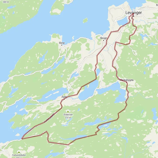 Kartminiatyr av "Eventyr i Levanger og Alstadhaug" sykkelinspirasjon i Trøndelag, Norway. Generert av Tarmacs.app sykkelrutoplanlegger