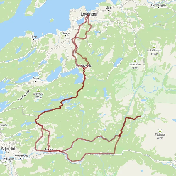 Map miniature of "Levanger Gravel Adventure" cycling inspiration in Trøndelag, Norway. Generated by Tarmacs.app cycling route planner