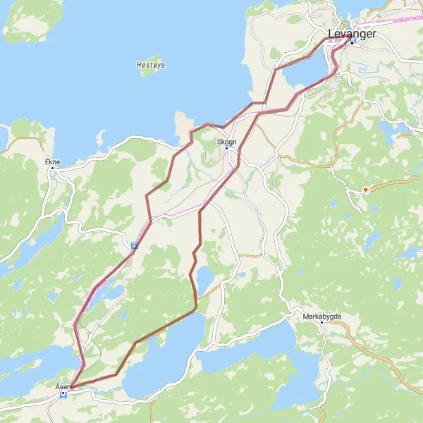 Kartminiatyr av "Kort Gravel Loop fra Levanger" sykkelinspirasjon i Trøndelag, Norway. Generert av Tarmacs.app sykkelrutoplanlegger