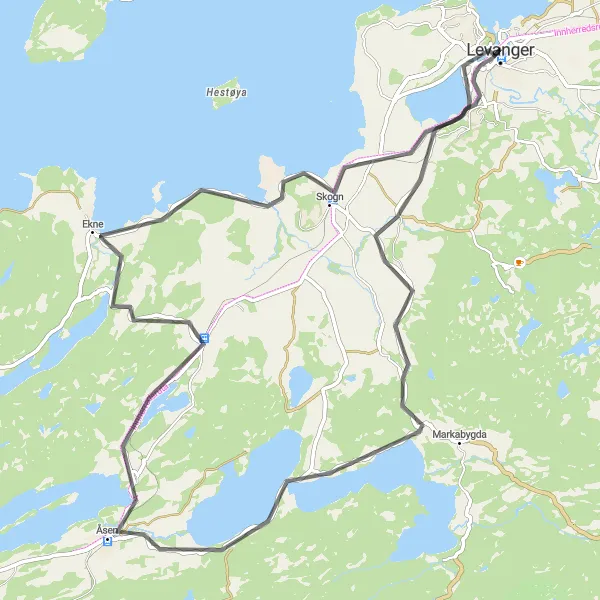 Map miniature of "The Levanger Exploration" cycling inspiration in Trøndelag, Norway. Generated by Tarmacs.app cycling route planner