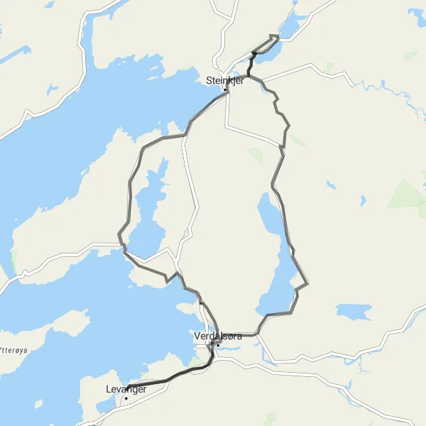 Kartminiatyr av "Historisk Road Trip gjennom Trøndelag" sykkelinspirasjon i Trøndelag, Norway. Generert av Tarmacs.app sykkelrutoplanlegger