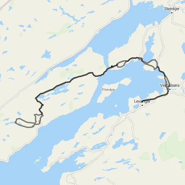 Map miniature of "Verdalsøra Challenge" cycling inspiration in Trøndelag, Norway. Generated by Tarmacs.app cycling route planner