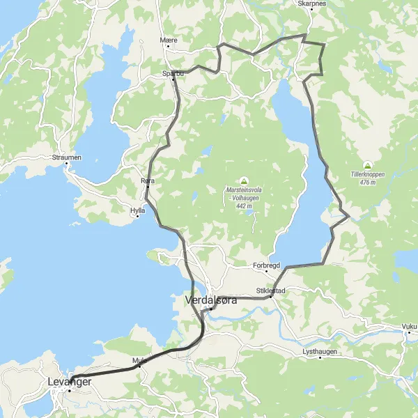Map miniature of "Fleskhus Round-trip" cycling inspiration in Trøndelag, Norway. Generated by Tarmacs.app cycling route planner
