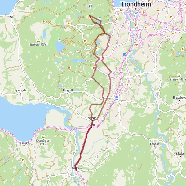 Map miniature of "Melhus - Flatåsen - Geitfjellet - Leinstrand Loop" cycling inspiration in Trøndelag, Norway. Generated by Tarmacs.app cycling route planner