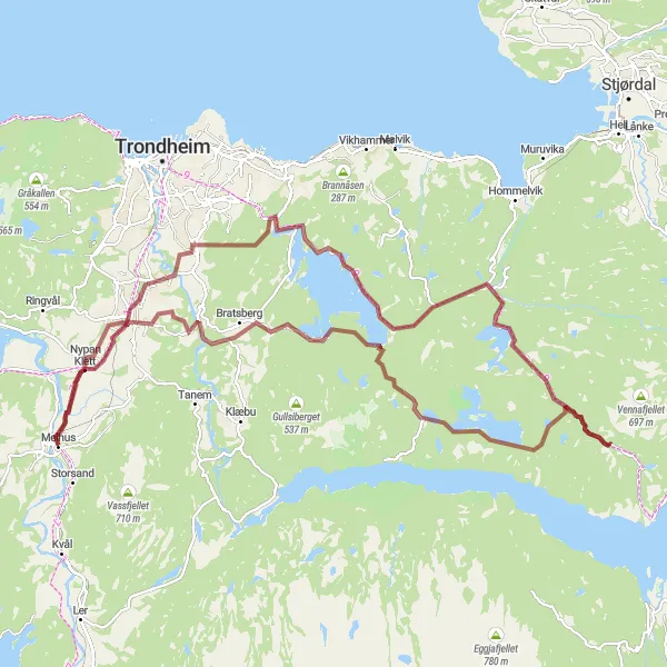 Map miniature of "Gravel Explorer: Thrilling Landscapes and Challenging Climbs" cycling inspiration in Trøndelag, Norway. Generated by Tarmacs.app cycling route planner