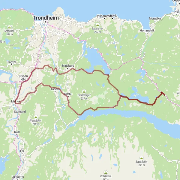 Map miniature of "Melhus - Tiller - Sjåvidthøgda - Litjfjellet Loop" cycling inspiration in Trøndelag, Norway. Generated by Tarmacs.app cycling route planner