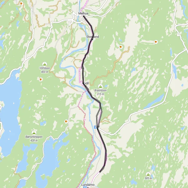 Map miniature of "Melhus - Ler - Haltbrekka - Storsand - Melhus Loop" cycling inspiration in Trøndelag, Norway. Generated by Tarmacs.app cycling route planner