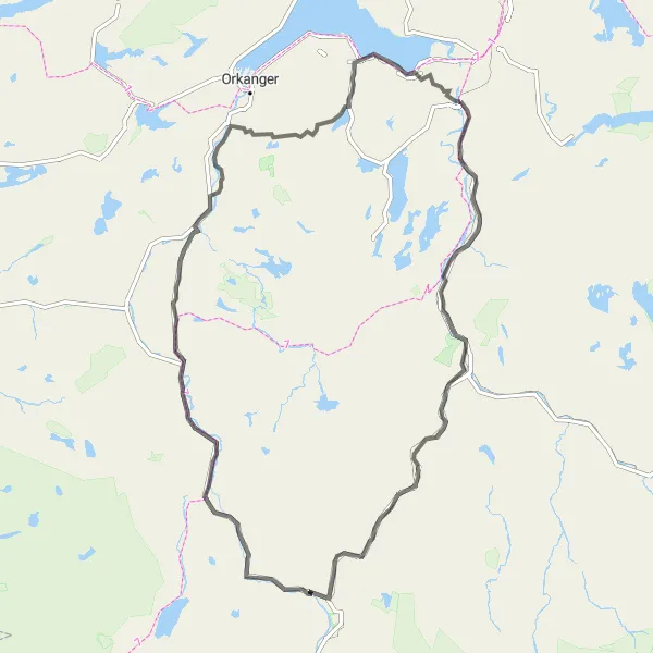 Map miniature of "Melhus - Ler - Litlstenen - Støren - Soknedal - Berkåk - Meldal - Svorkmo - Buvika - Kvennberget- Melhus Loop" cycling inspiration in Trøndelag, Norway. Generated by Tarmacs.app cycling route planner