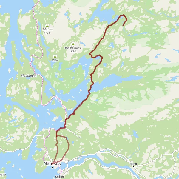Map miniature of "Namsos Gravel Adventure" cycling inspiration in Trøndelag, Norway. Generated by Tarmacs.app cycling route planner
