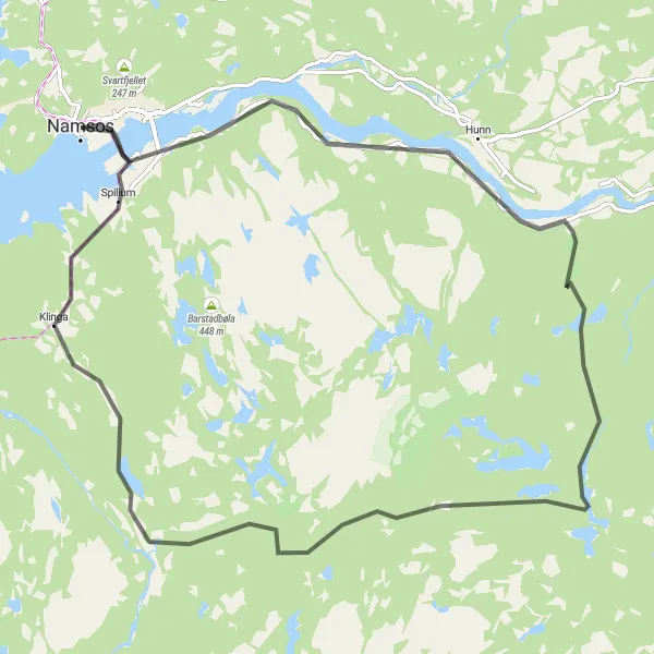 Map miniature of "Tranquil Namsos Adventure" cycling inspiration in Trøndelag, Norway. Generated by Tarmacs.app cycling route planner