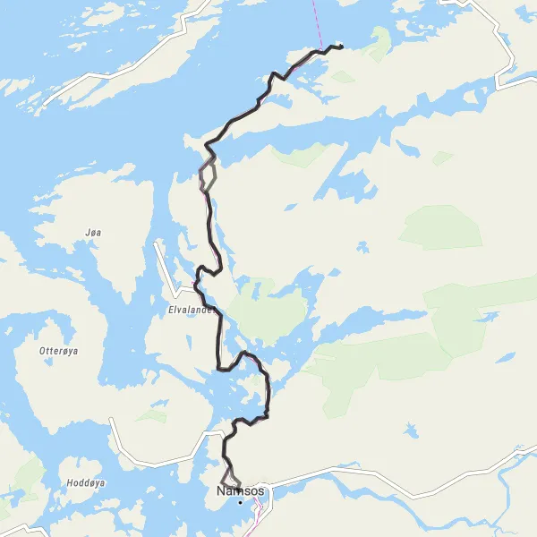 Map miniature of "Namsos Challenge" cycling inspiration in Trøndelag, Norway. Generated by Tarmacs.app cycling route planner