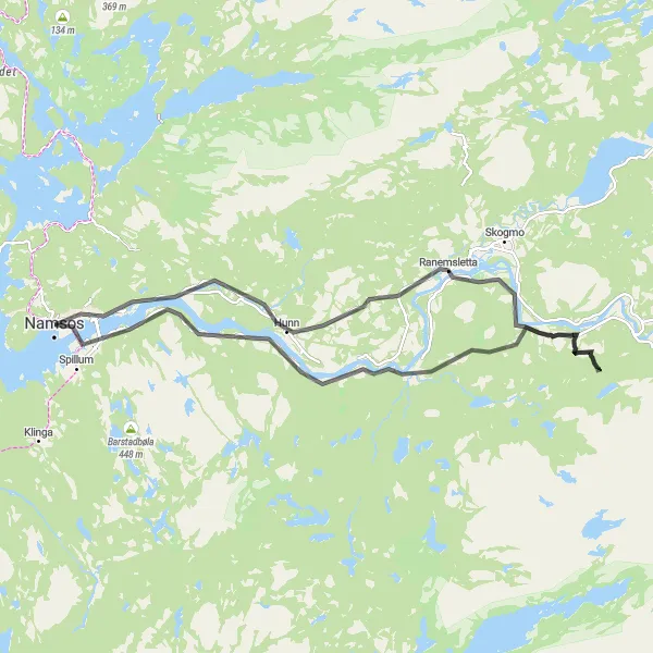 Kartminiatyr av "Kystnær Road Cycling fra Namsos til Namsenfjorden" sykkelinspirasjon i Trøndelag, Norway. Generert av Tarmacs.app sykkelrutoplanlegger