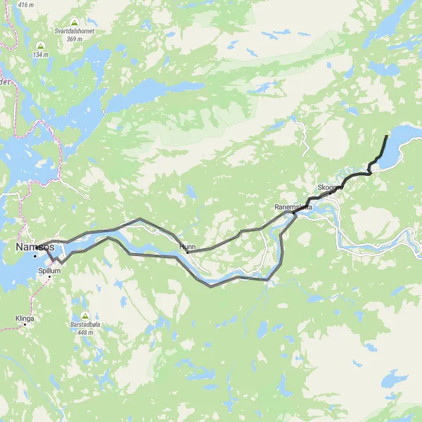 Kartminiatyr av "Namsenfjorden Loop" sykkelinspirasjon i Trøndelag, Norway. Generert av Tarmacs.app sykkelrutoplanlegger