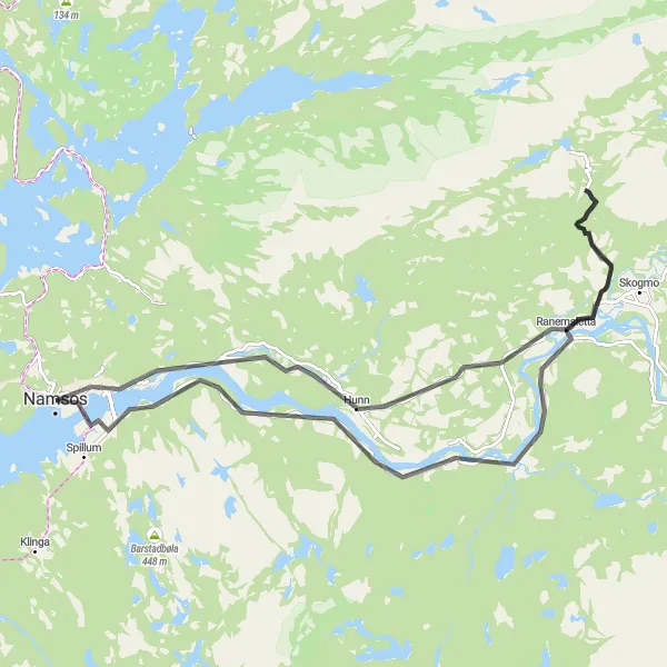 Map miniature of "Picturesque Namsos Route" cycling inspiration in Trøndelag, Norway. Generated by Tarmacs.app cycling route planner