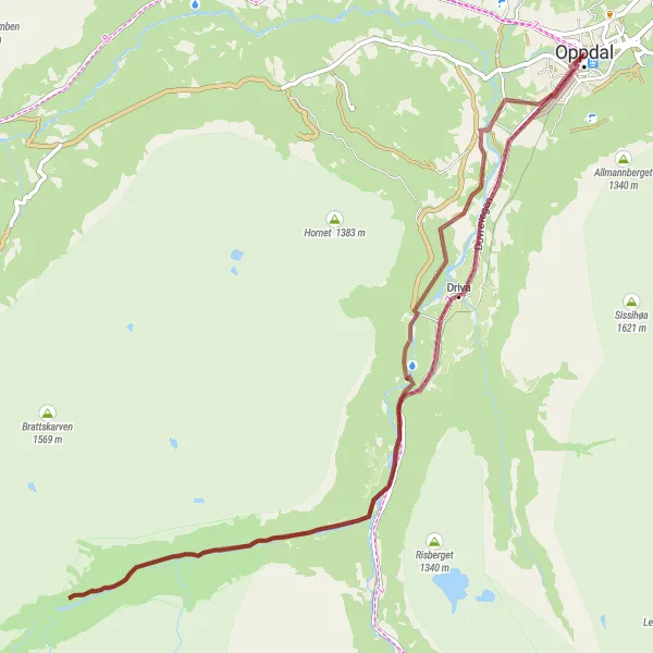 Kartminiatyr av "Oppdal til Åmotsdalen på grus" sykkelinspirasjon i Trøndelag, Norway. Generert av Tarmacs.app sykkelrutoplanlegger