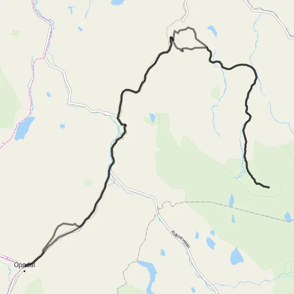Kartminiatyr av "Oppdal til Slettvollen og tilbake" sykkelinspirasjon i Trøndelag, Norway. Generert av Tarmacs.app sykkelrutoplanlegger